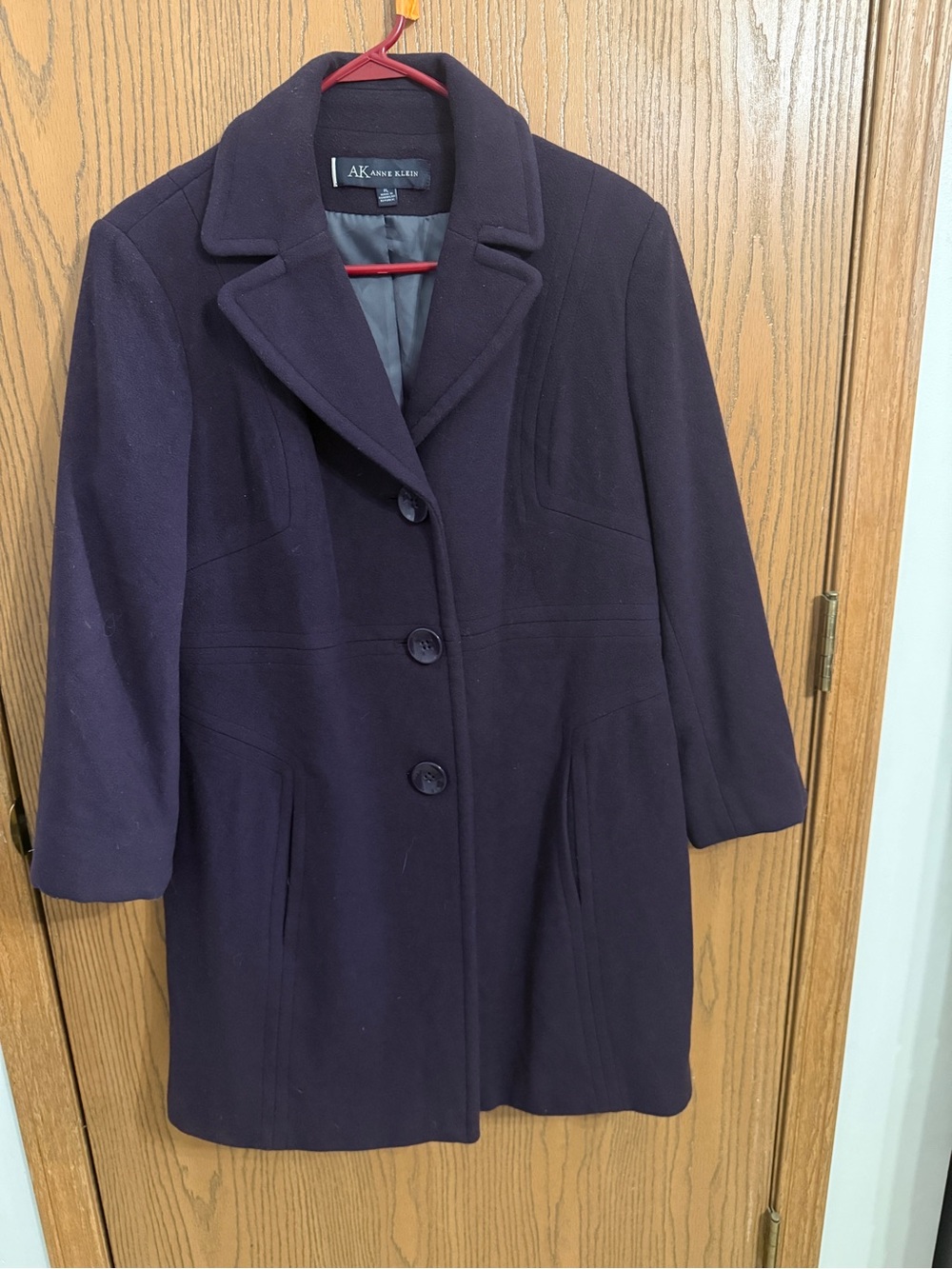 Anne Klein Dark Purple Wool-Blend Single-Breasted Coat